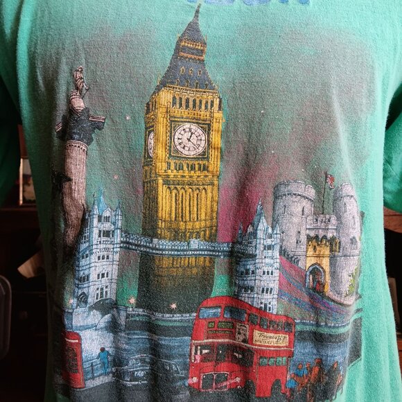 Large Vintage T-shirt Single Stitch London Big Ben Double-Decker Bus Turquoise - Picture 4 of 8